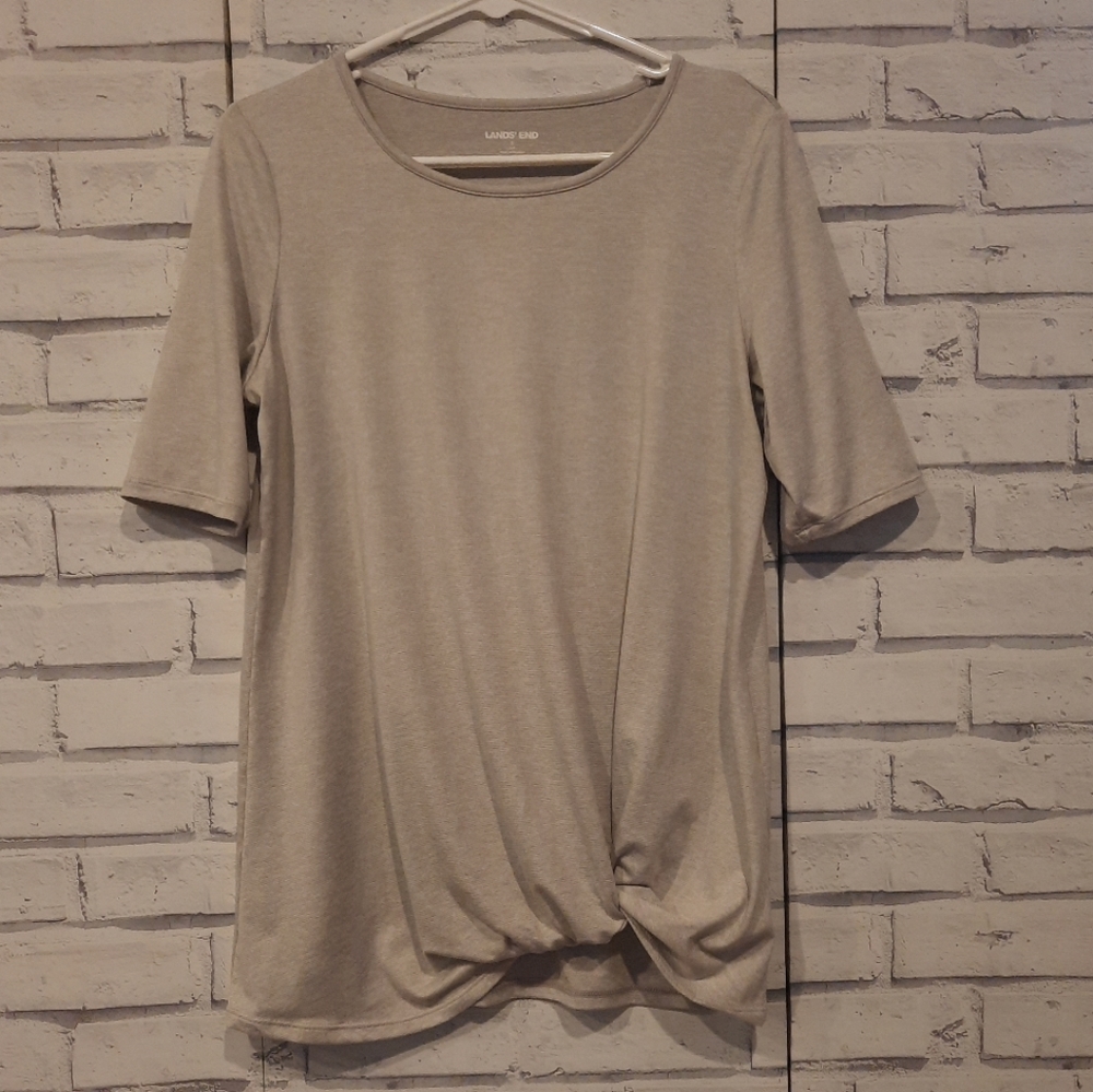 Lands' End Womens Size S T-Shirt Gray Stripe Tie Front Short Sleeve Soft Stretch
